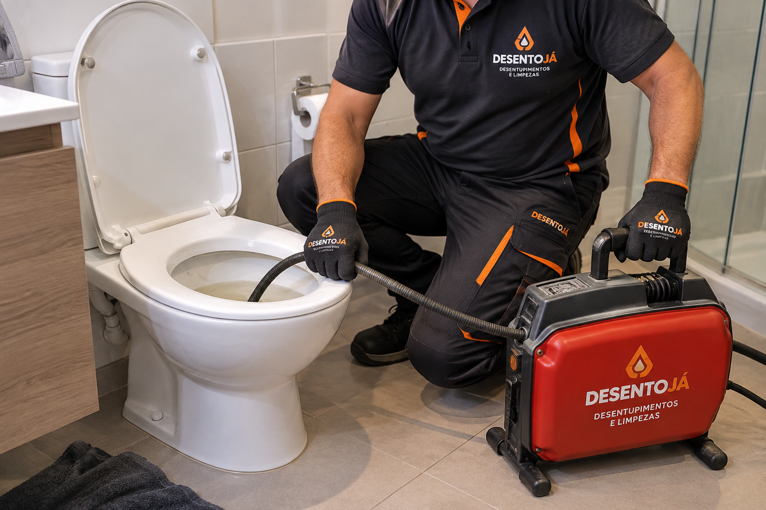 Técnico DesentoJá a desentupir uma sanita com equipamento profissional