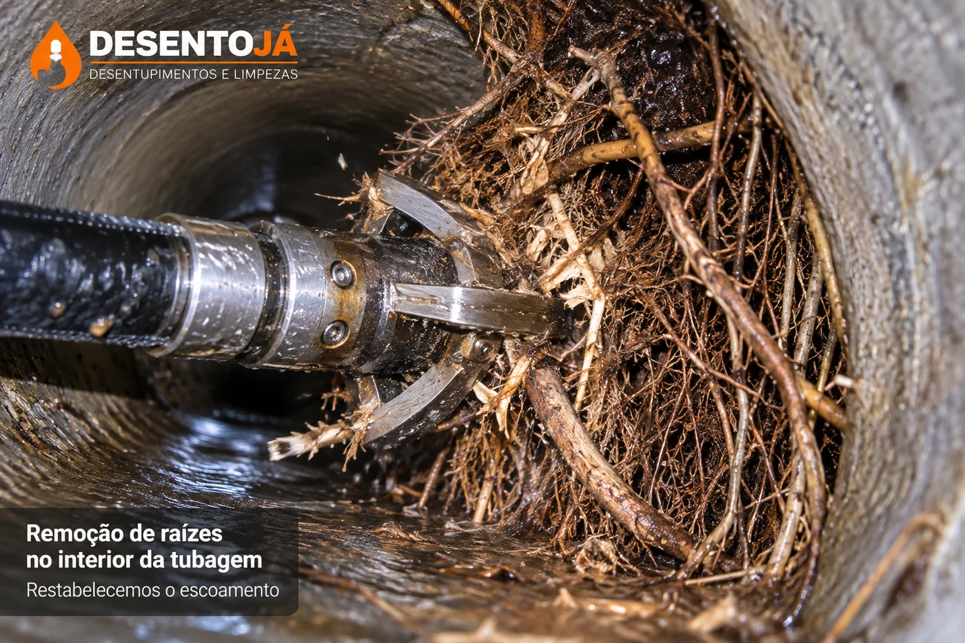 Remoção mecânica de raízes no interior de uma tubagem de esgoto